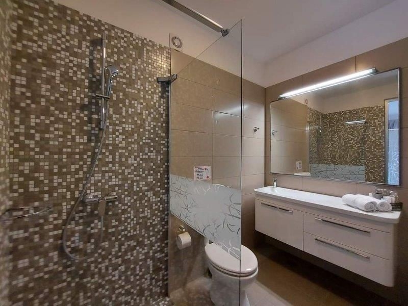 Modernt badrum i huset med tre lägenheter i Istrien, till salu, med duschkabin, mosaikplattor och en stor spegel.