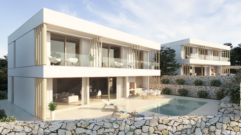 Till salu: modern parvilla under uppförande med pool på ön Brač, Kroatien, omgiven av natur.