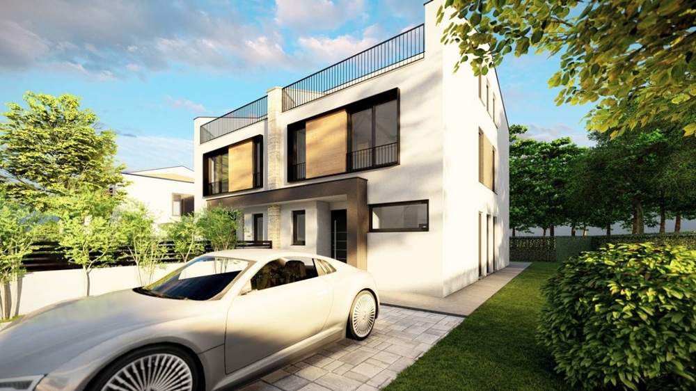 Sidovy av modernt parhus med bil och lummig trädgård