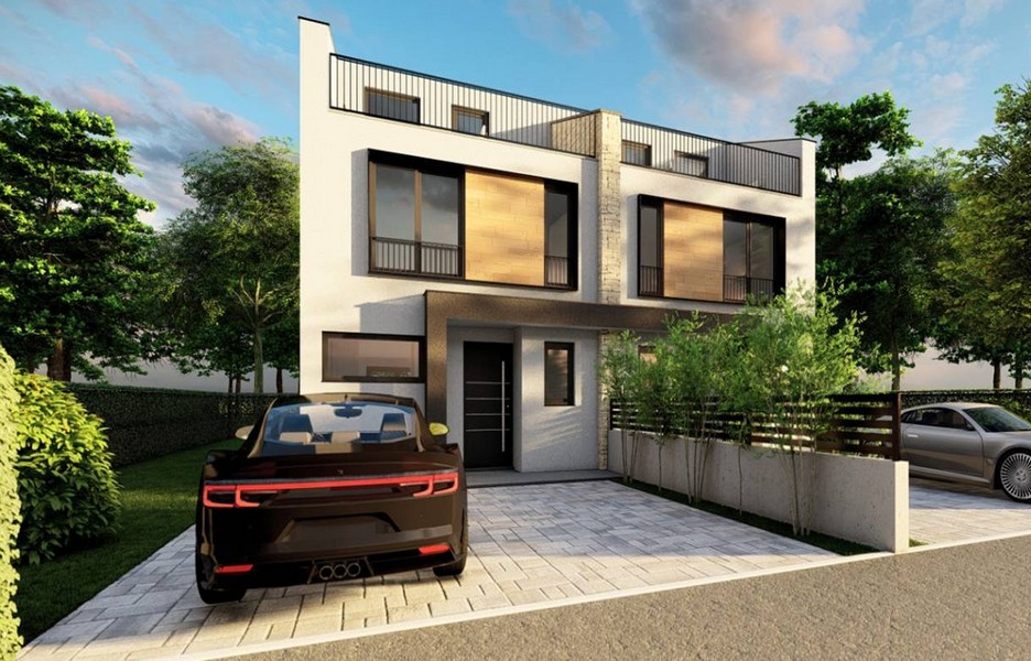 Framifrån av modernt parhus med fordon framför, erbjuds av Panorama Scouting fastighetsmäklare