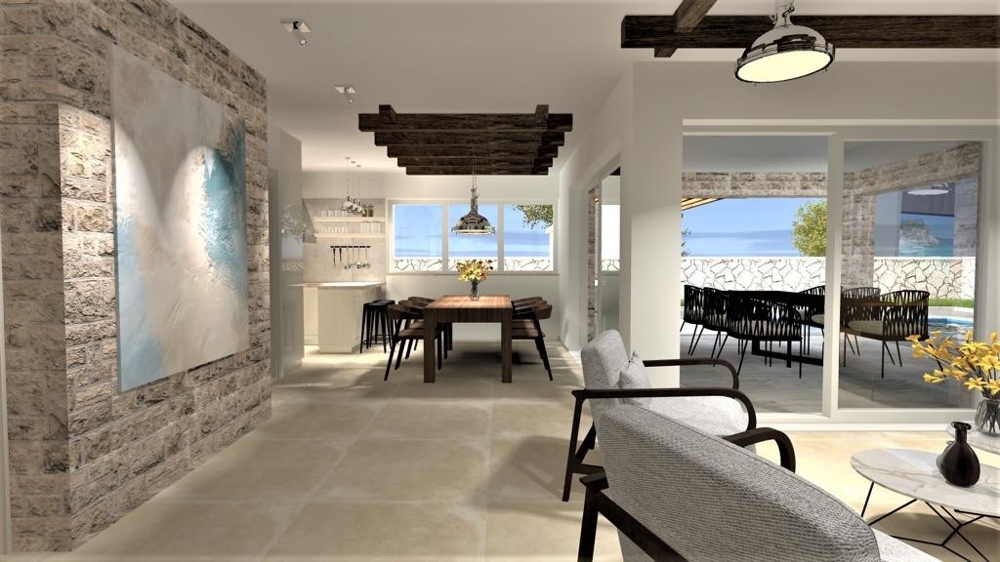 Öppet vardagsrum med matsal och vardagsrum i en villa i Vrbnik på ön Krk, fastigheter Kroatien, Vrbnik, ön Krk villa till salu