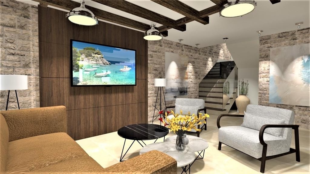 Mysigt vardagsrum med modern design i en villa i Vrbnik, Island of Krk, Fastigheter Kroatien, Vrbnik, Island of Krk Villa till salu