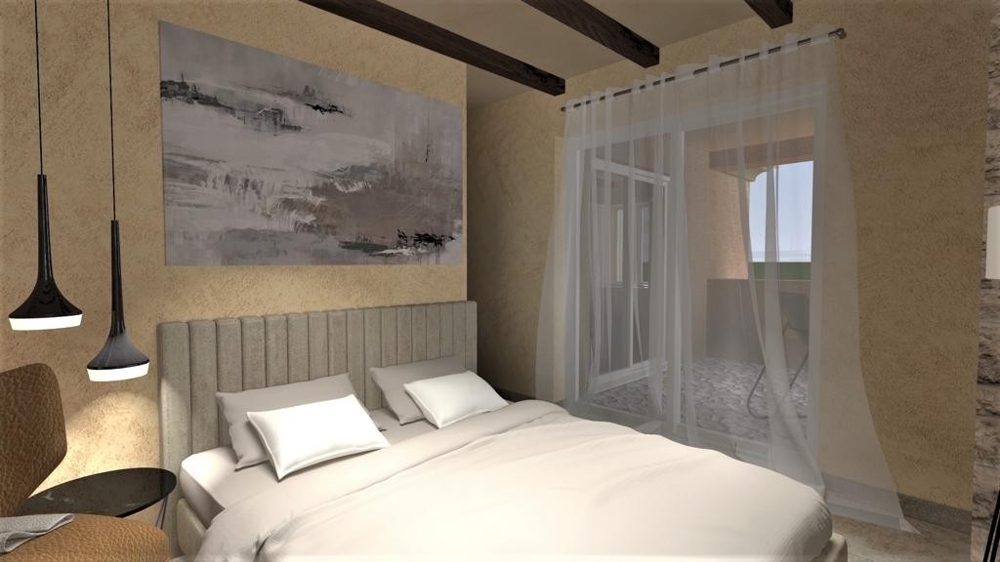 Sovrum med dubbelsäng och tillgång till terrass i en villa i Vrbnik, ön Krk, fastigheter Kroatien, Vrbnik, ön Krk villa till salu