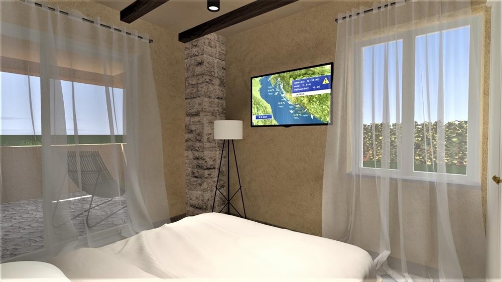 Andra sovrummet med modern design och TV i en villa i Vrbnik, Island of Krk, Fastigheter Kroatien, Vrbnik, Island of Krk Villa till salu