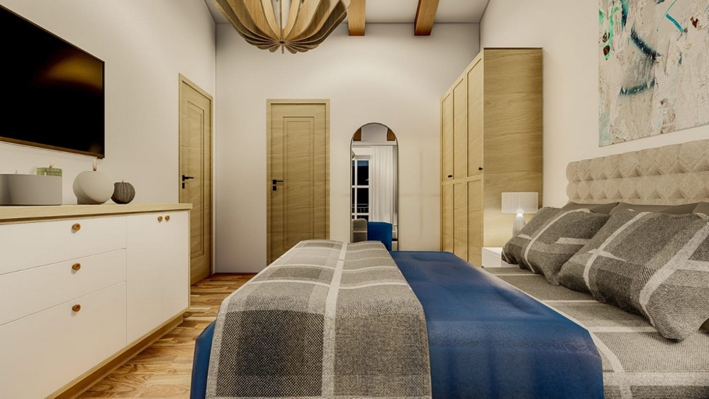 Medelhavsvilla med havsutsikt, ön Krk, sovrum med TV och trädörrar