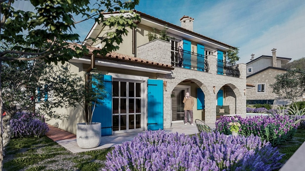 Entréområde till en charmig medelhavsvilla med blå dörrar på ön Krk