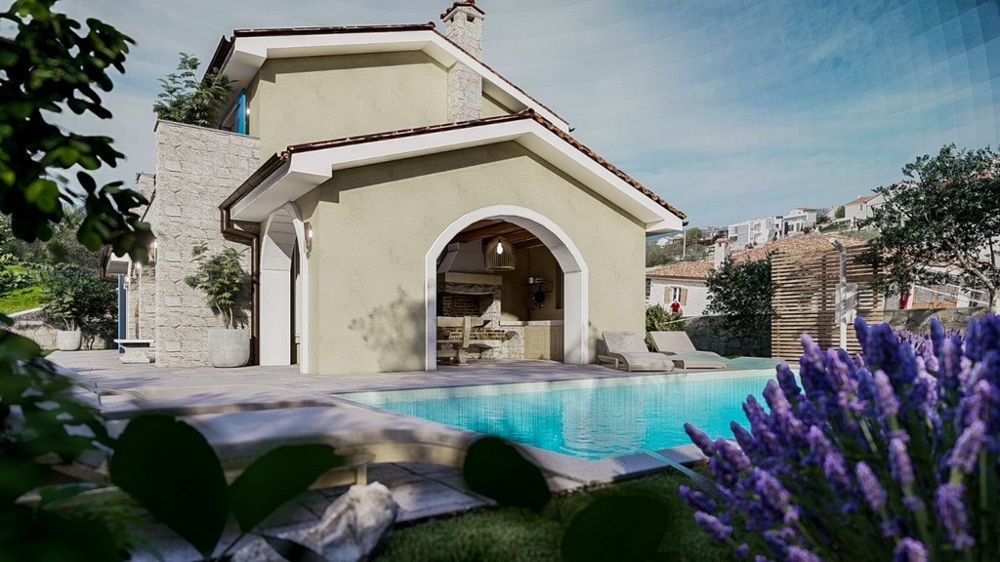 Medelhavsvilla med pool och täckt terrass på ön Krk