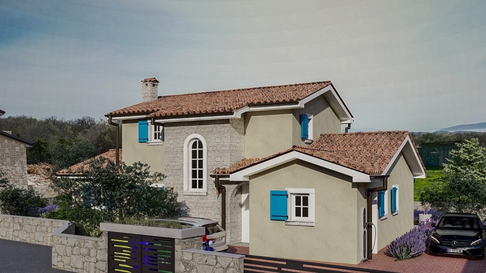 Exteriör vy av en lyxig medelhavsvilla med en stenmur på ön Krk