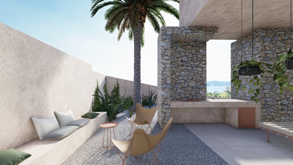 Vardagsrum med havsutsikt i villa H3358 nära Rogoznica i Kroatien.