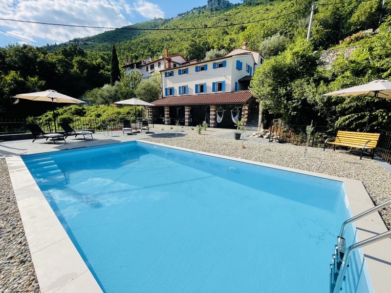 Exteriör vy av villan med blå pool, solterrass och omgivande natur