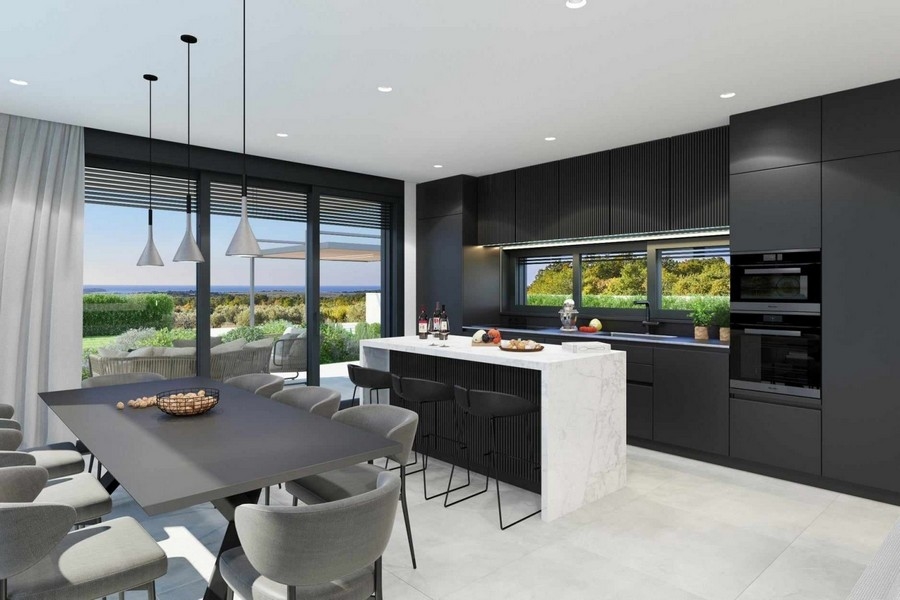 Svart modernt kök med ö