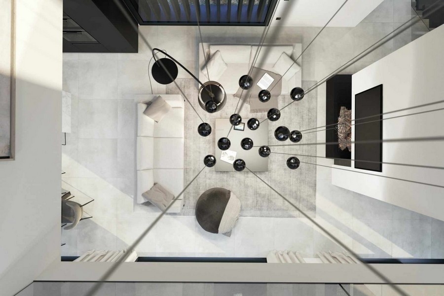 Flygfoto över vardagsrum med modern design