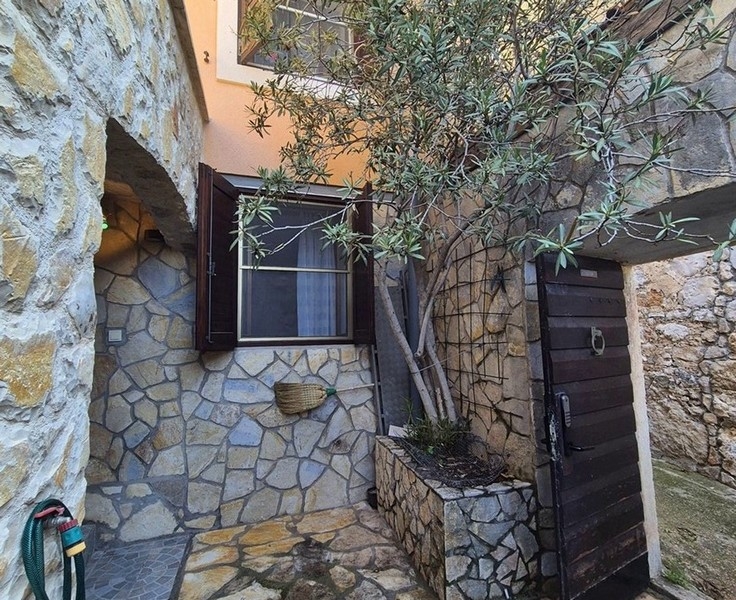 Liten innergård med stenmur och olivträd, samt entrédörr.