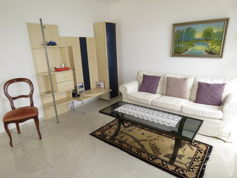 Mysigt vardagsrum med hylla och dekorativ matta.