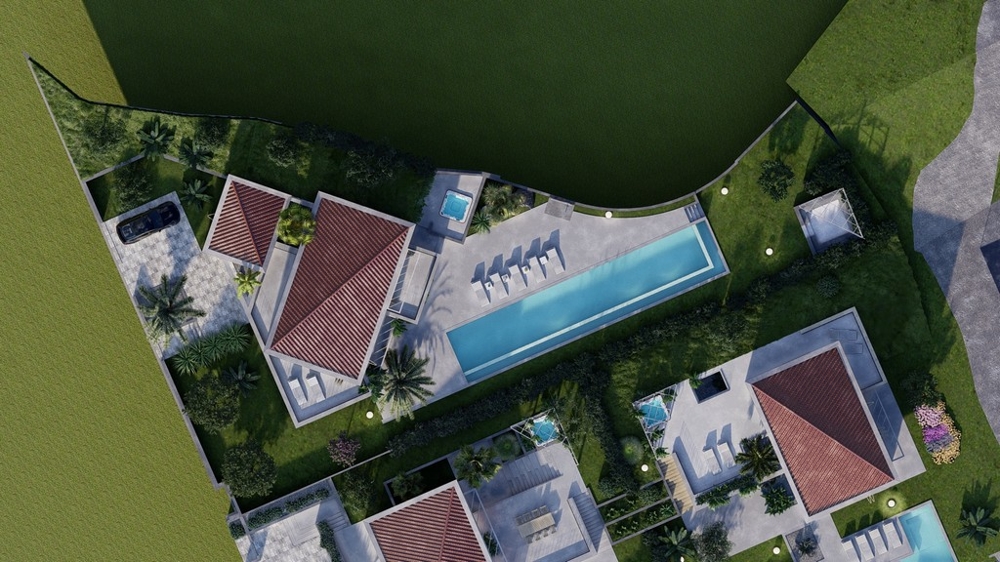 Fågelperspektiv över Villa H3473 i Kroatien med utsikt över taket och poolen.