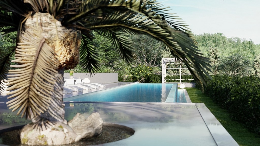 Medelhavsterrass med en palm och en pool.