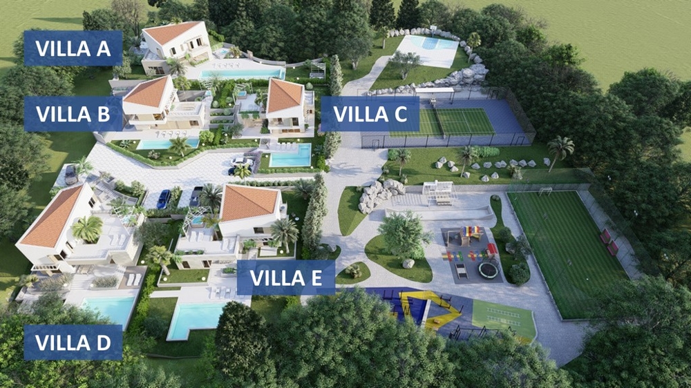 Översiktskarta över villorna A till E i komplexet