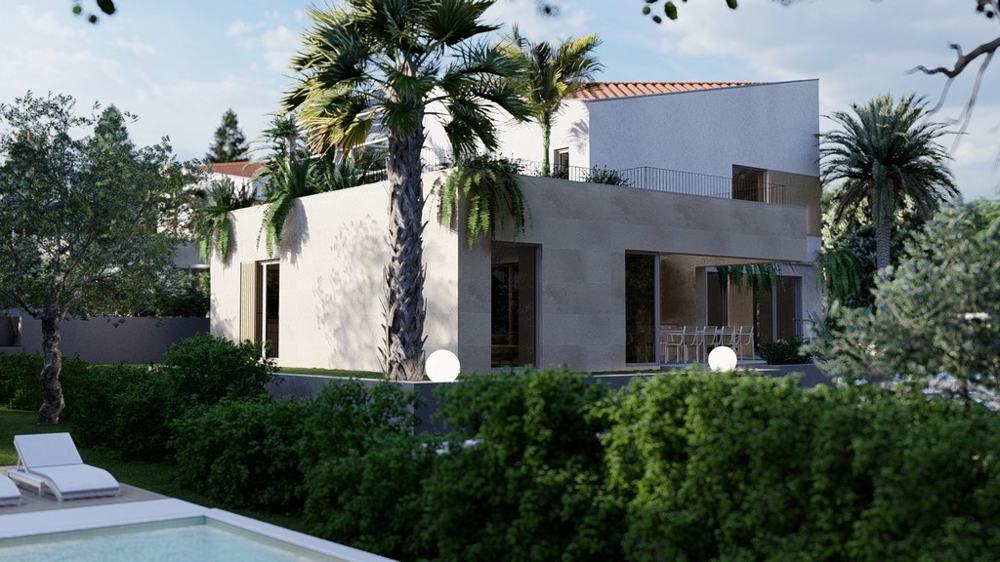 Villa med rymlig terrass och poolområde