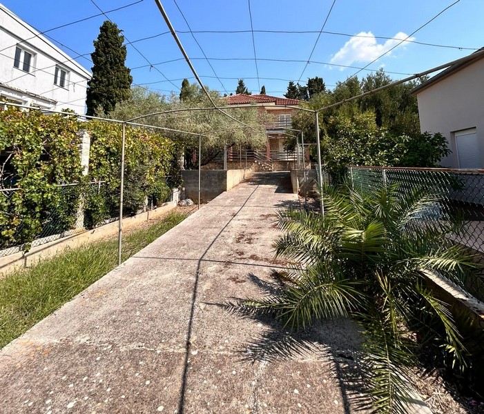 Välskött uppfart med palmer och utsikt över fastigheten