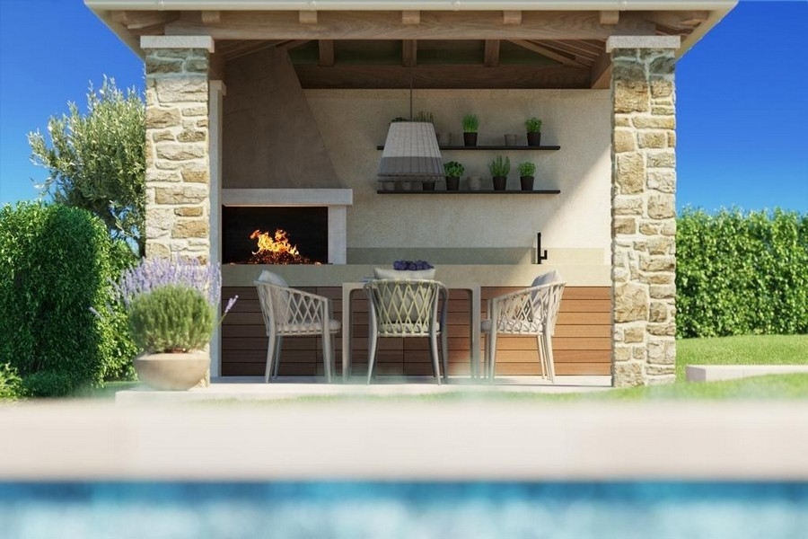 3D visualisering av sommarköket intill poolen.