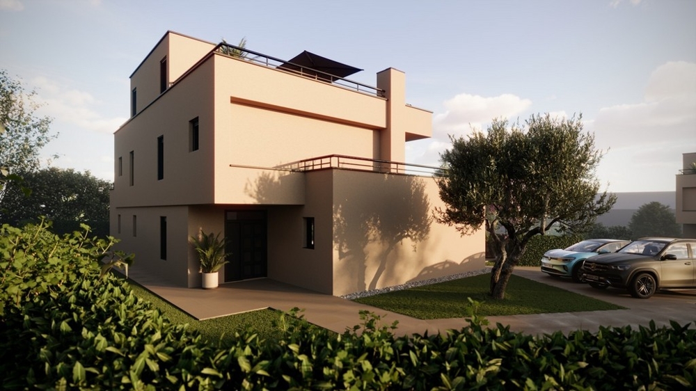 Baksida och utsikt över parkeringsplatserna i Villa H3516.