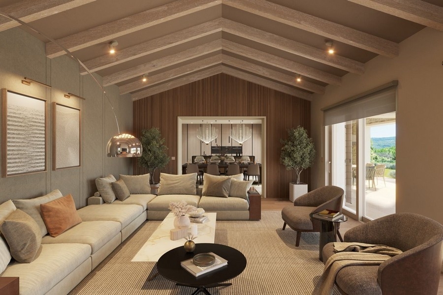 Elegant vardagsrum med takbjälkar