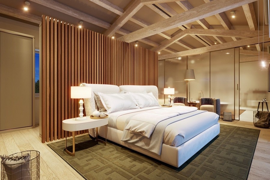 Sovrum med högkvalitativ inredning och belysning