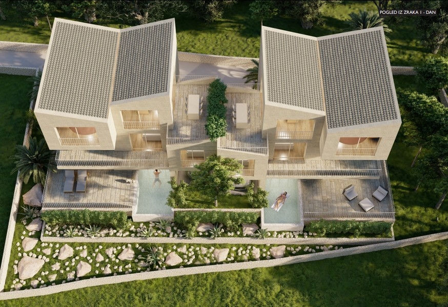 Arkitektens visualisering av modernt parhus med pool, dagsvy diagonalt ovanför