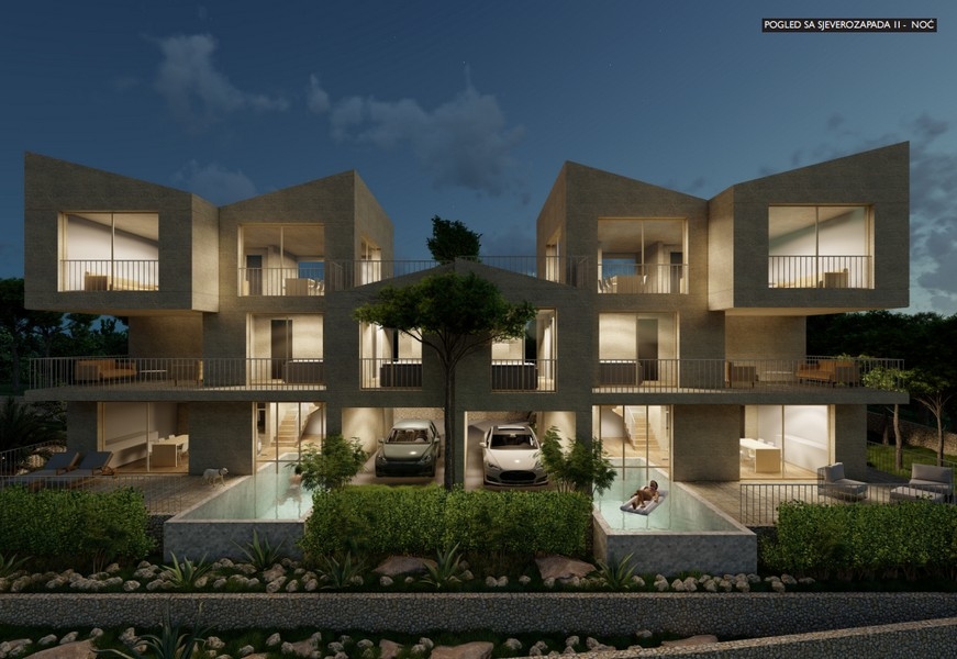 Flygfoto över parhus med trädgård och pooler, dagsljus skott framifrån