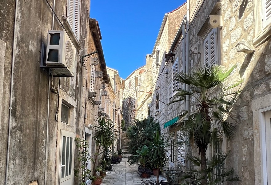 Gränd med palmer och stenhus i Orebic.