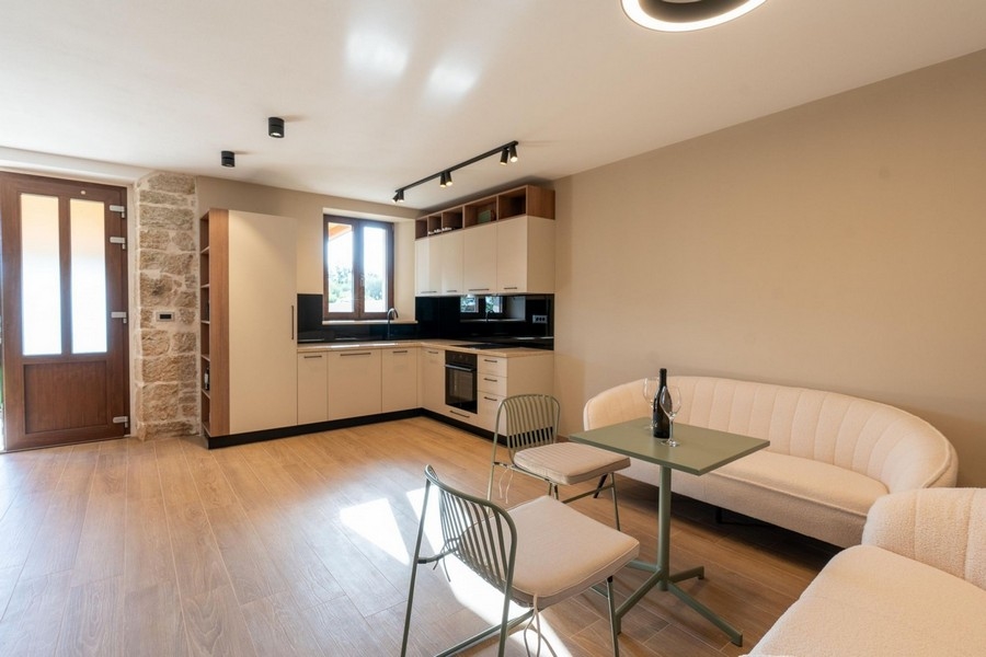 Öppet kök med vardagsrum och tillgång till terrass