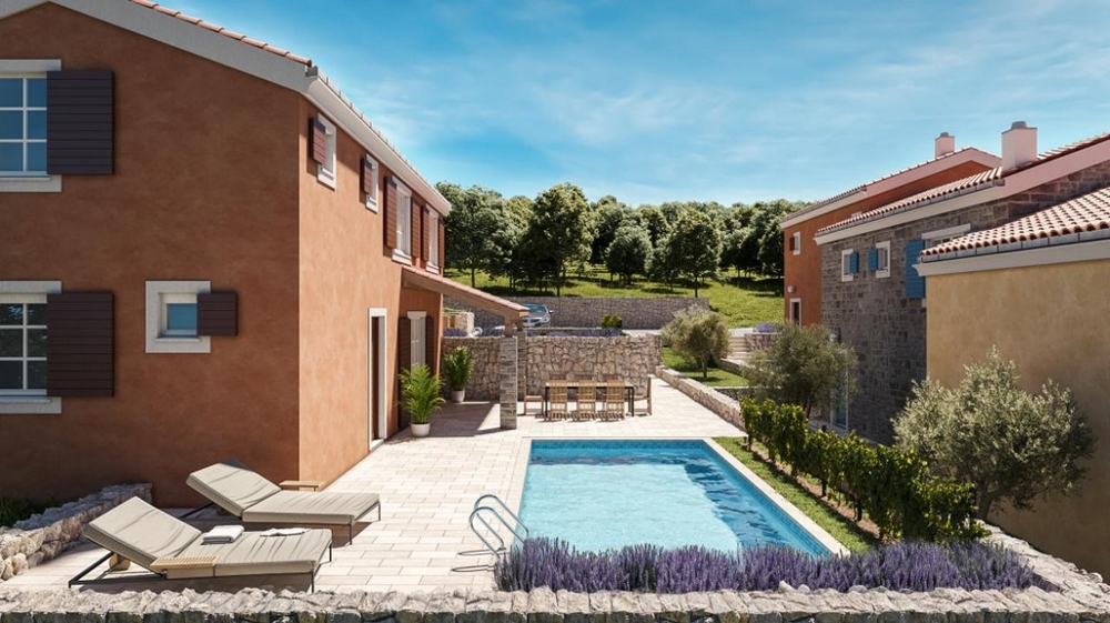 Poolområde med solstolar - 3D