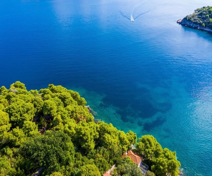 Utsikt över Adriatiska havet med Villa H3695 vid kusten