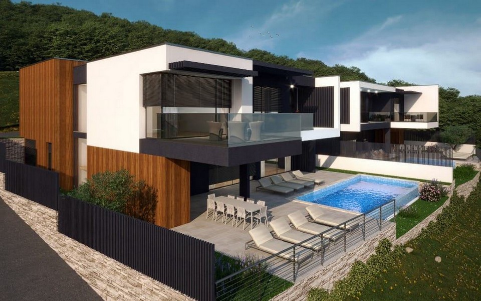 Visualisering av modern lyxvilla med pool