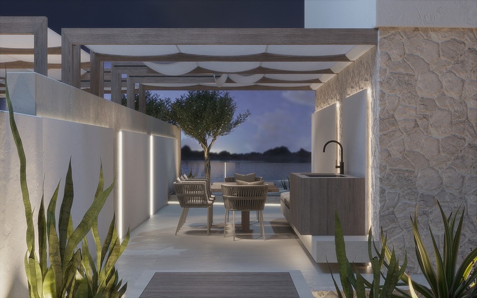 Modernt uteområde med fastighet H3723 vid havet i Sukosan.