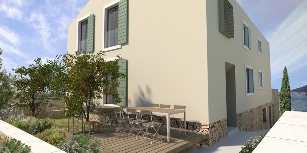 Visualisering av exteriör vy av huset direkt vid havet