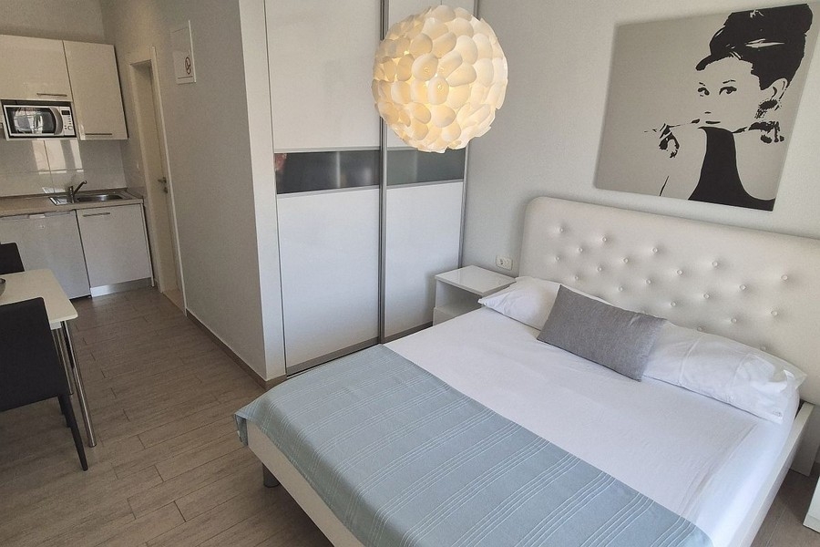 Modern studio med dubbelsäng och köksdel