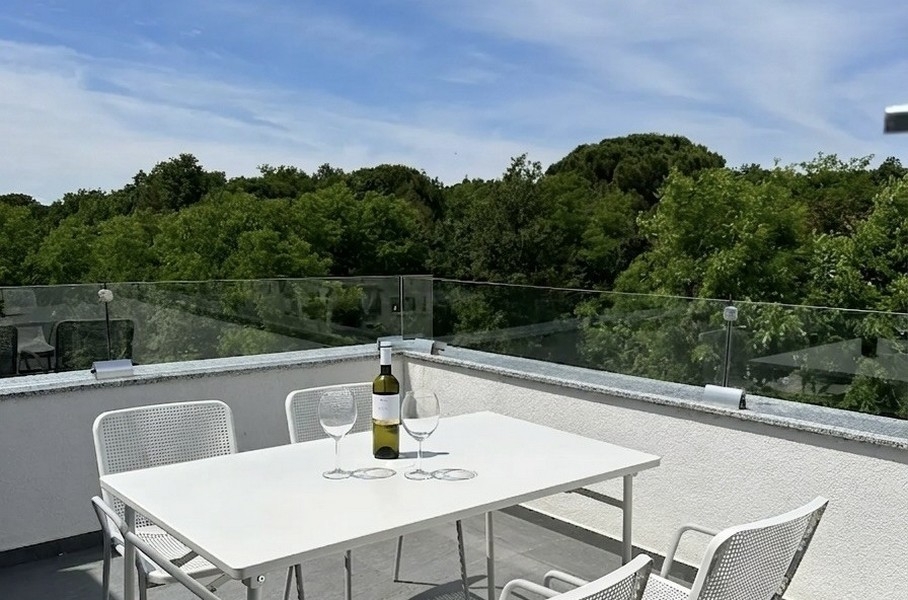 Mysig takterrass med utsikt över grönskan.