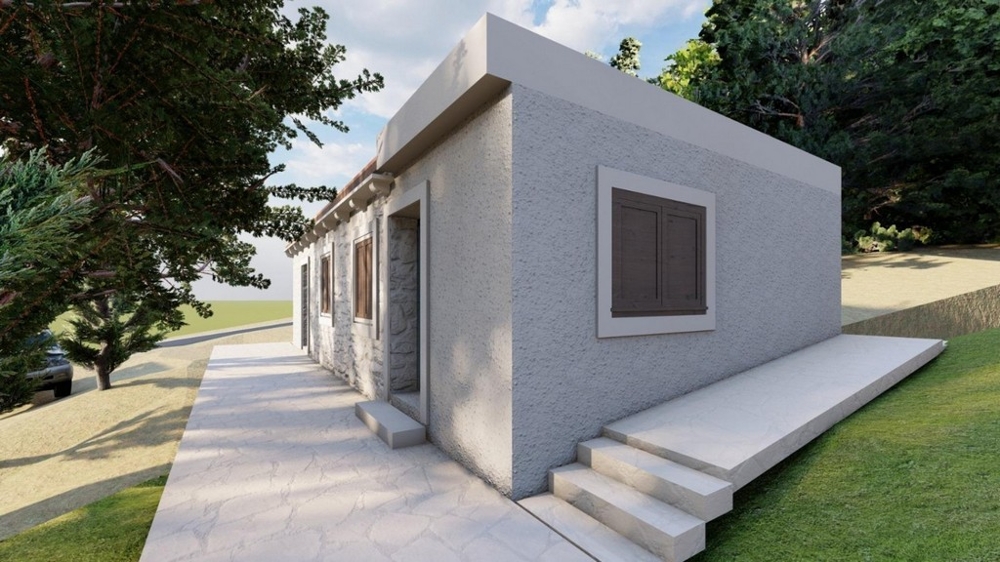 Husutsikt med trädgård och uppfart i naturlig miljö