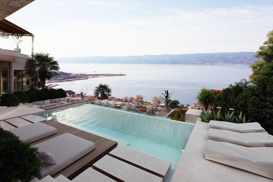 Infinitypool med havsutsikt framför exklusiv villa i Kroatien