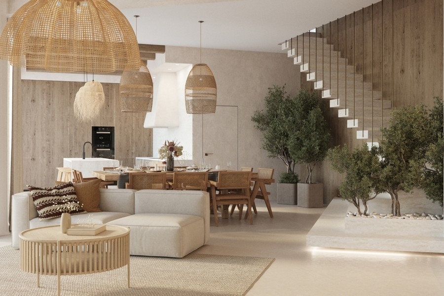 Stilrent vardagsrum med öppet galleri och designbelysning