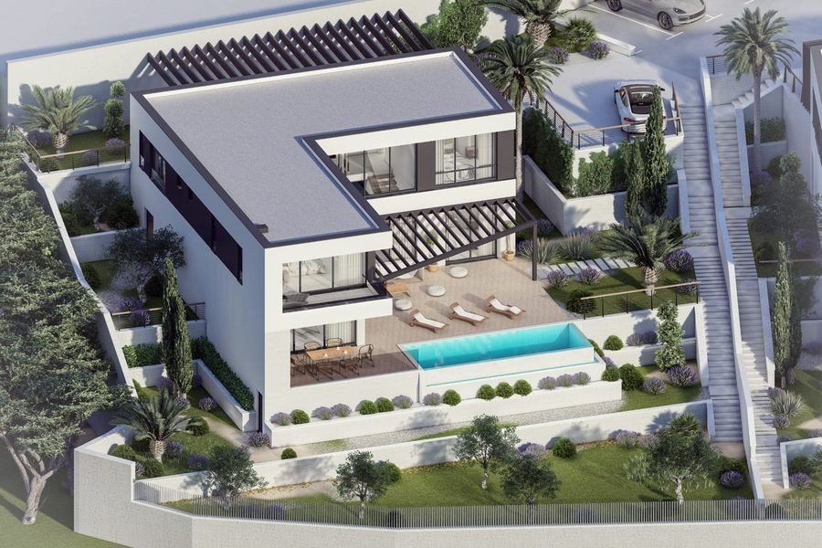 Flygfoto över villan med pool och takterrass