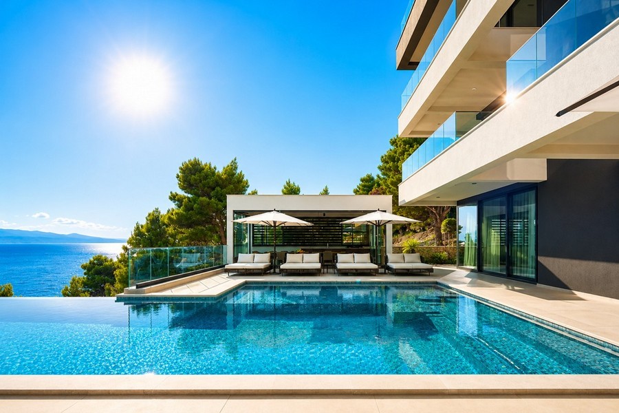 Infinitypool med soldäck vid villan