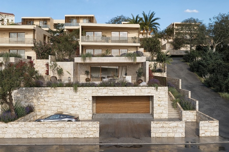 Gatuvy av villa med garage i Kroatien
