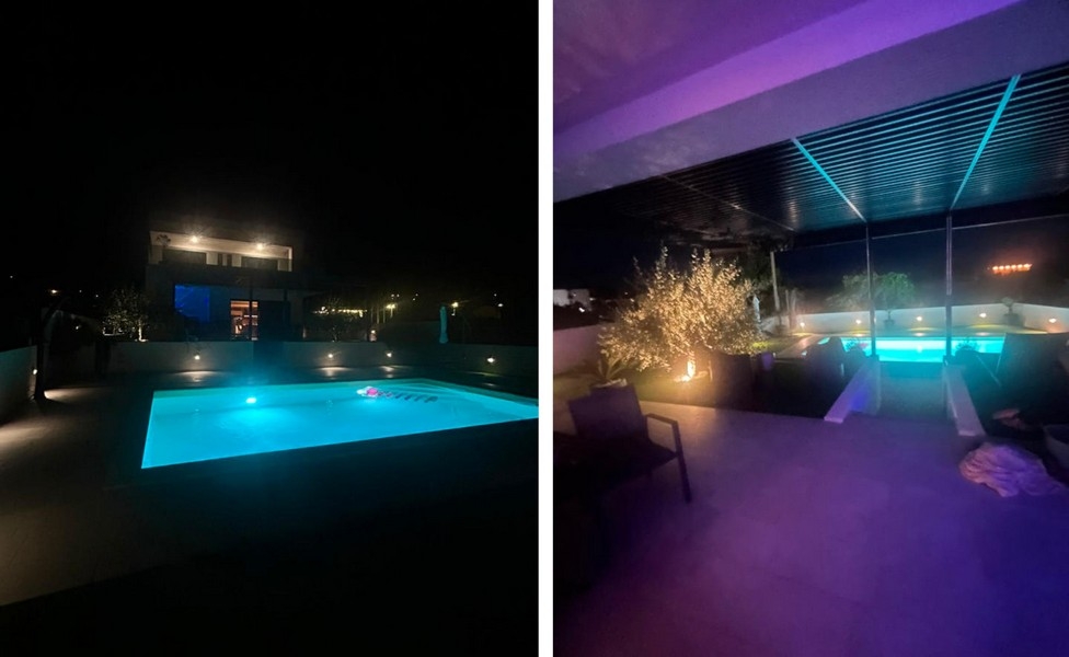 Upplyst pool och terrass på natten i Kroatien