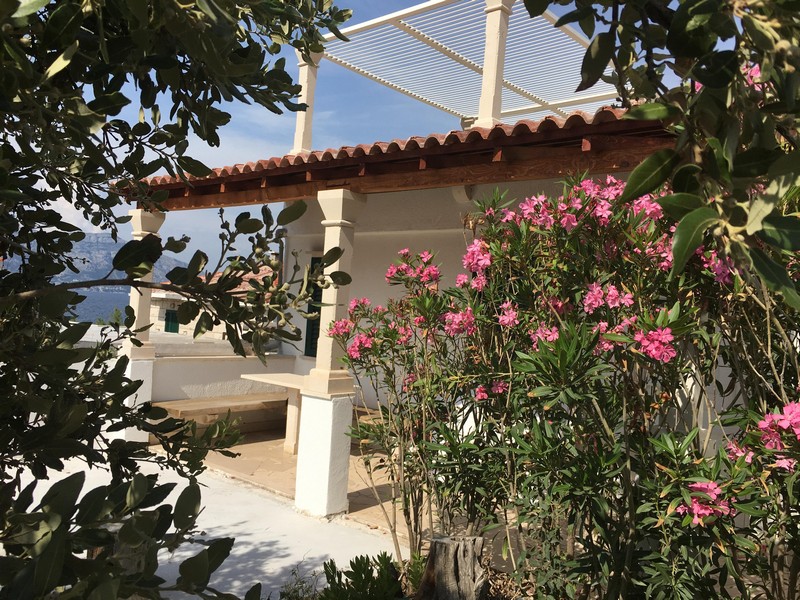 Exteriör vy av huset med trädgård och gård i Povlja, ön Brac