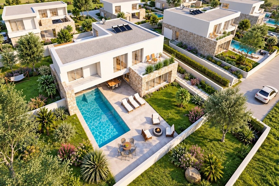 Flygfoto över villan med pool och solterrass