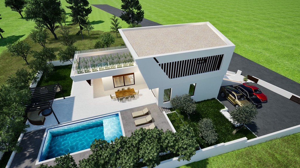 Villa med pool och infart sedd uppifrån