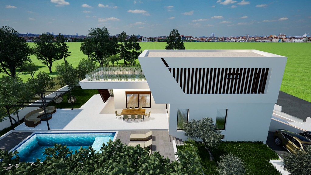 Pool framför bostadsdelen med stora glaspartier