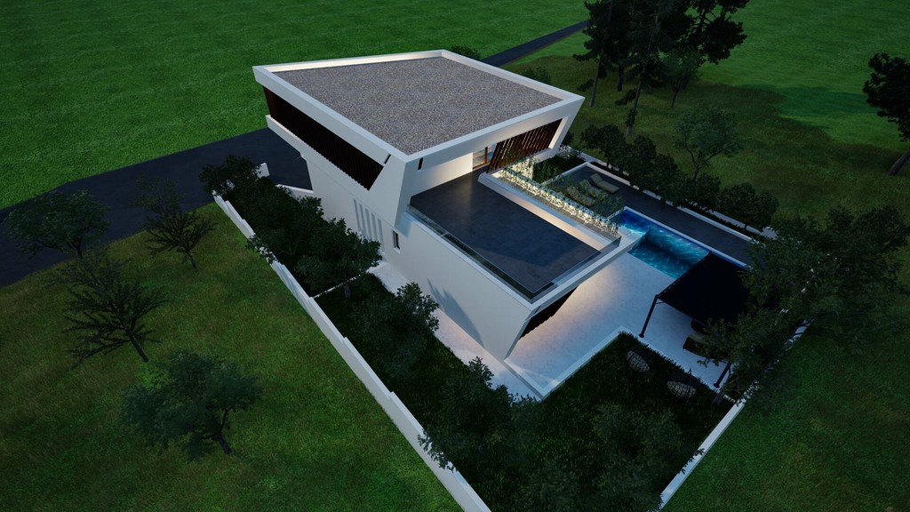 Villa med terrasser och trädgård sedd uppifrån